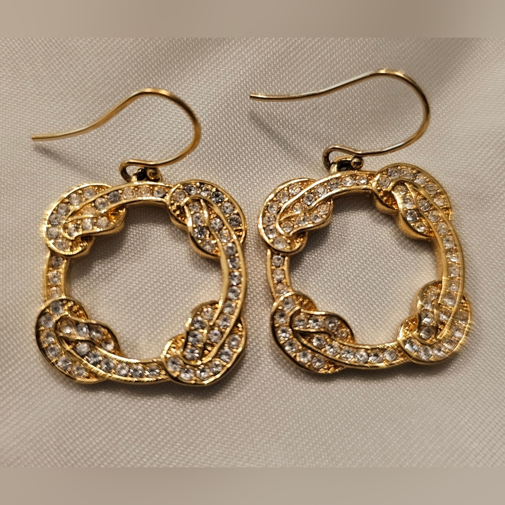 Coach Gold Tone Circular Knot Design Dangle Rhinestone Earrings - EUC